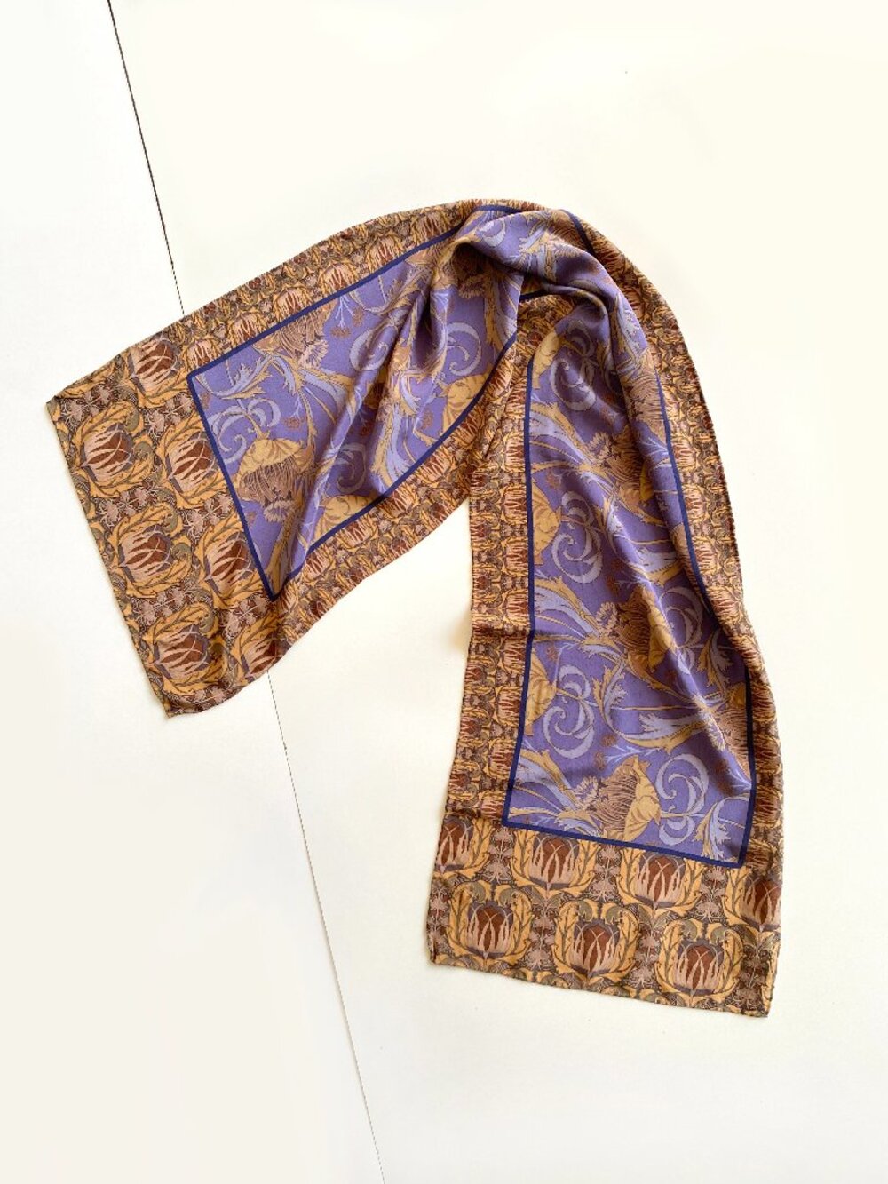 Fox & Chave V&A Silk Scarf Purple Gold Floral Art Nouveau Oblong Wrap 14"X53"